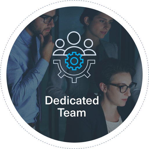 Decorative icon that says "Dedicated team"