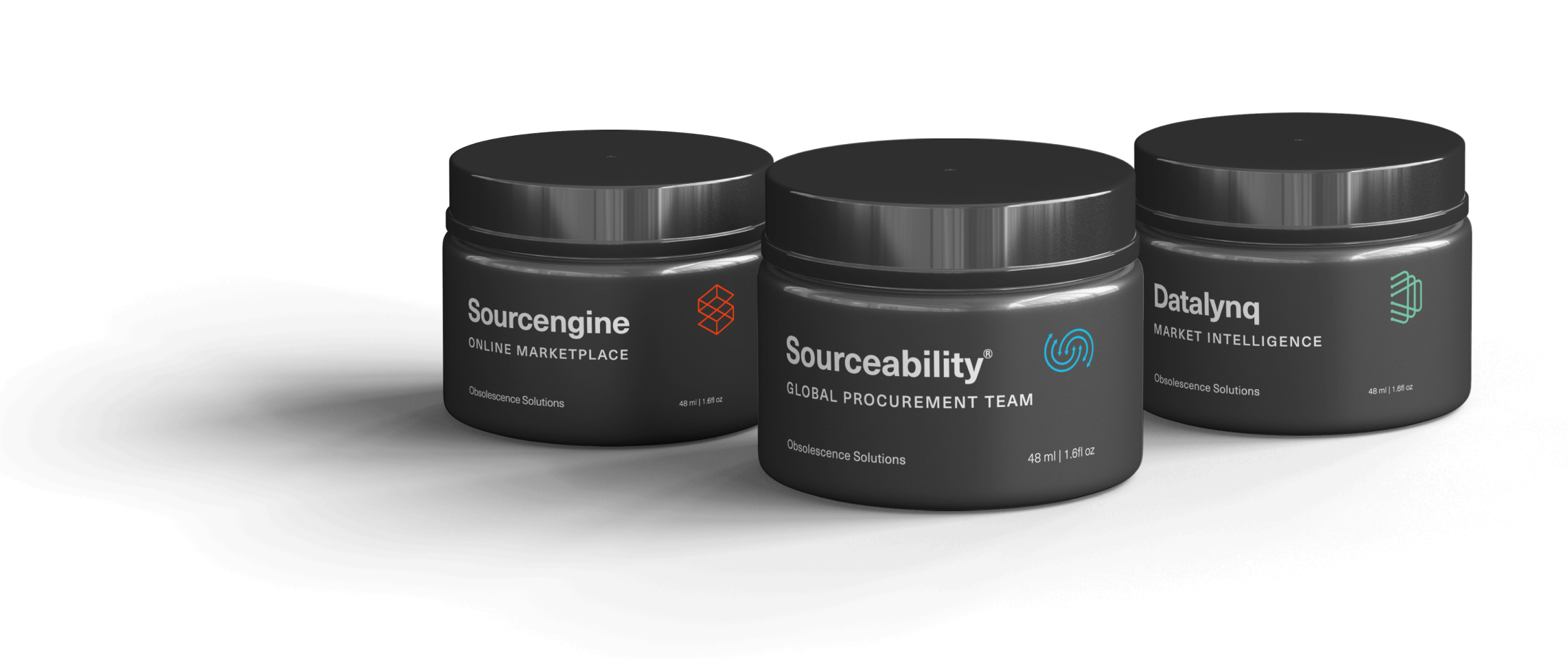 Sourcengine, Sourceability, and Datalynq logos on topical cream containers