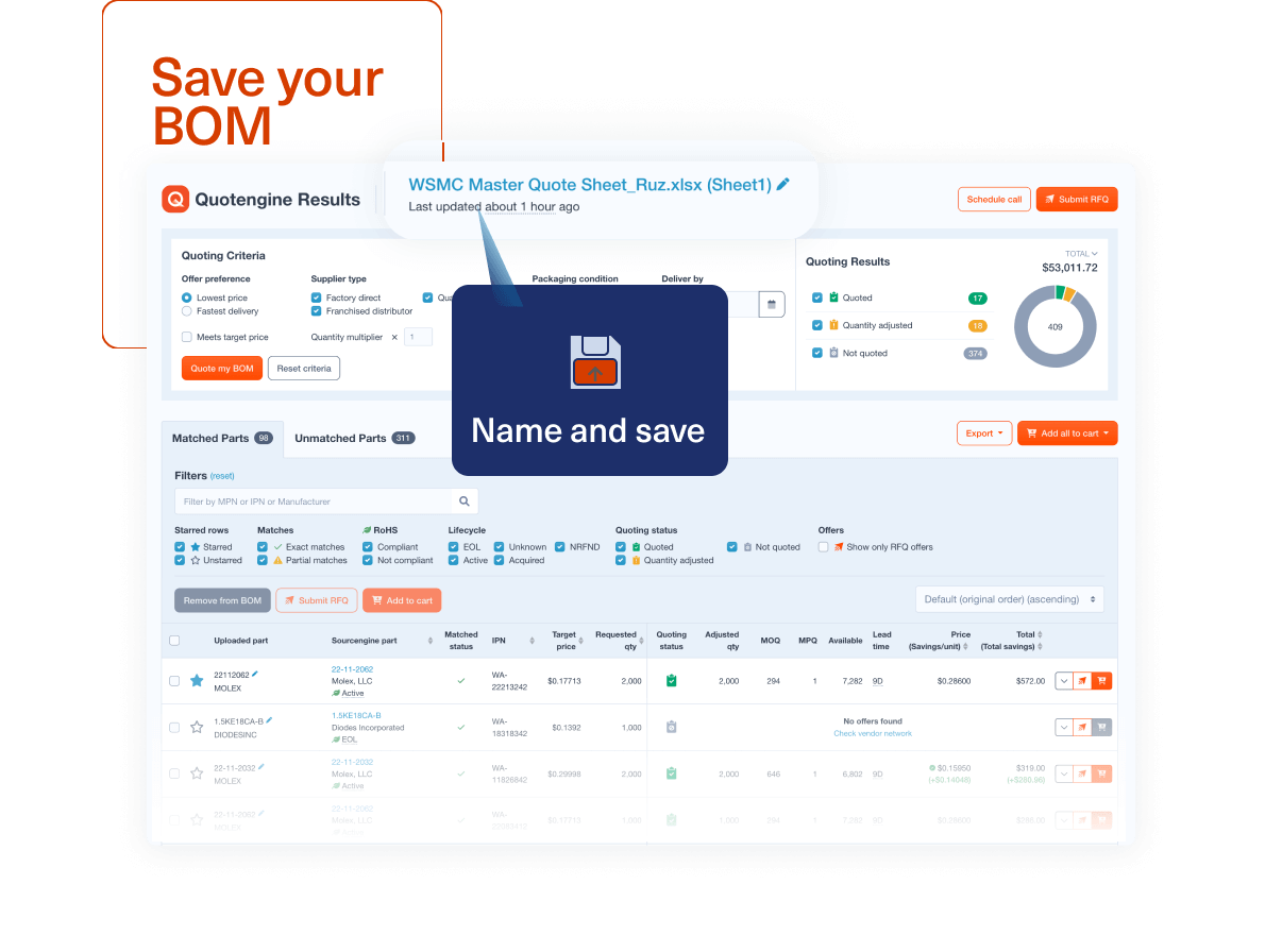 Quotengine application screen shot. Text says "Save your BOM".