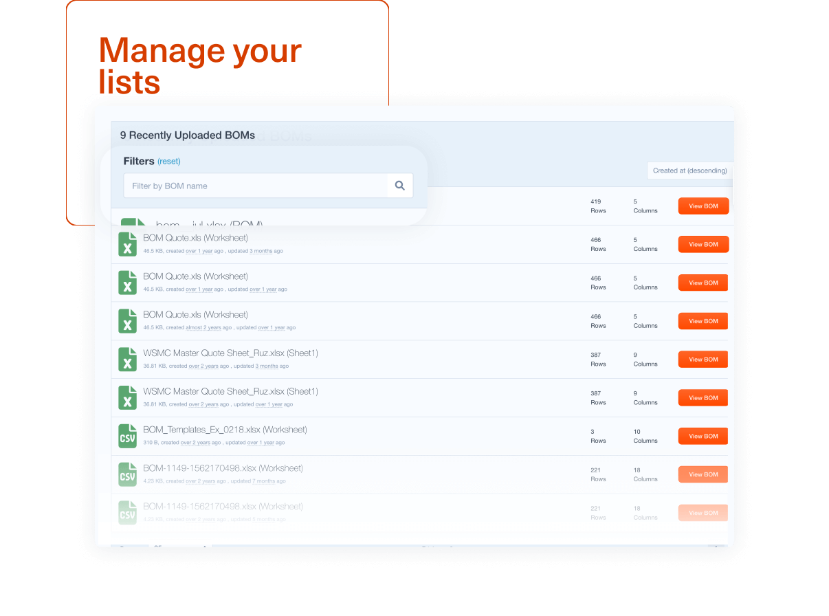 Quotengine application screen shot. Text says "Manage your lists".