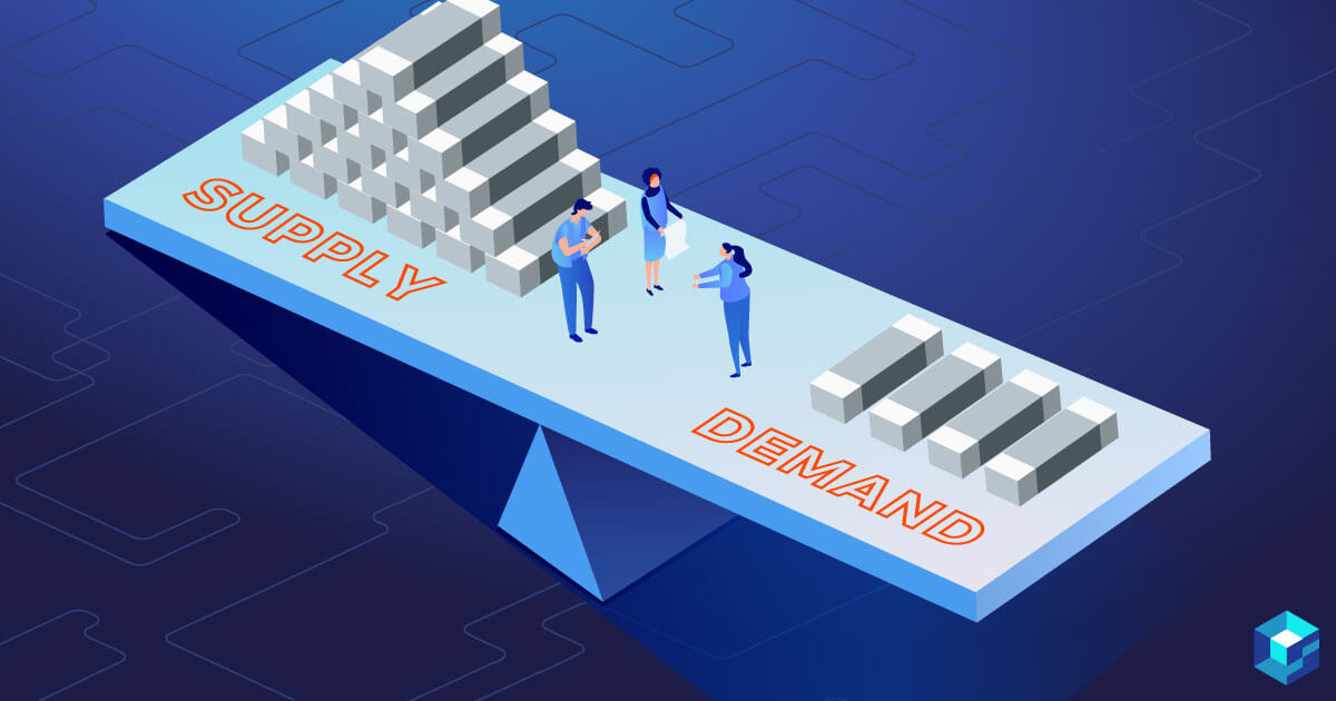 Graphic with supply and demand written on it; track the electronic components market with Sourcengine and procure all your needs from its marketplace.