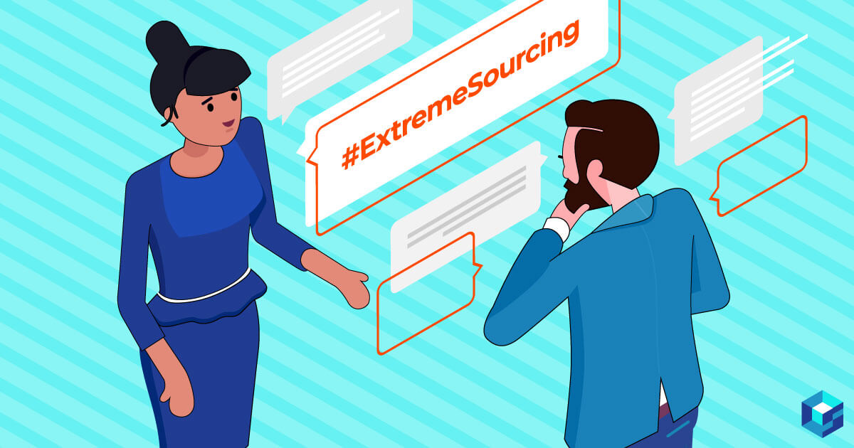 Image of two individuals talking with #extremesourcing behind them. This is part three of the approved vendor list on Sourcengine. Learn more about AVLs here and how they can help with your component procurement needs.