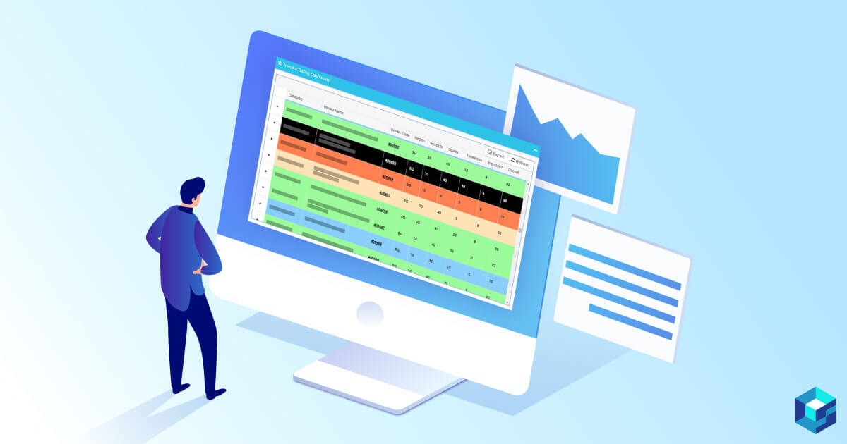 Graphic image of a professional buyer looking at an automated vendor rating system. Learn more about Sourcengine's system today.