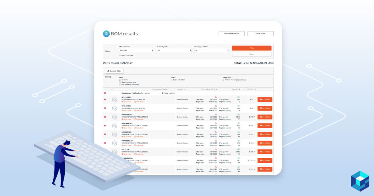 Graphic image of BOM results on a screen. Are you looking for a quick and easy way to procure your list of parts through a BOM? Sourcengine's new BOM tool allows you to upload 2,000 line items, add all to cart with a click of a button, and to complete transactions on that list from over 2,600 traceable suppliers.
