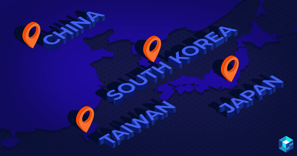 Graphic image depicting in writing China, South Korea, Taiwan and Japan. The mlcc market is complicated and supply chains are congested, but Sourcengine can help you with all of your procurement needs.