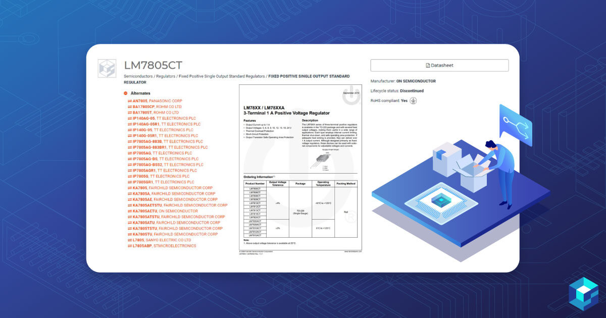 Graphic image of a component data sheet containing alternates. Take a look at Sourcengine's alternate component listings to see how it can save you money during the procurement process. 