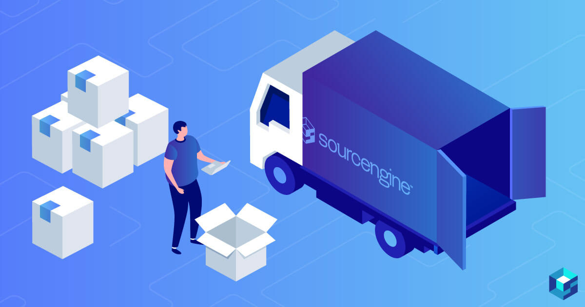 Graphic with worker placing boxes on delivery truck. Sourcengine's deliveries are backed by Sourceability's distribution system.
