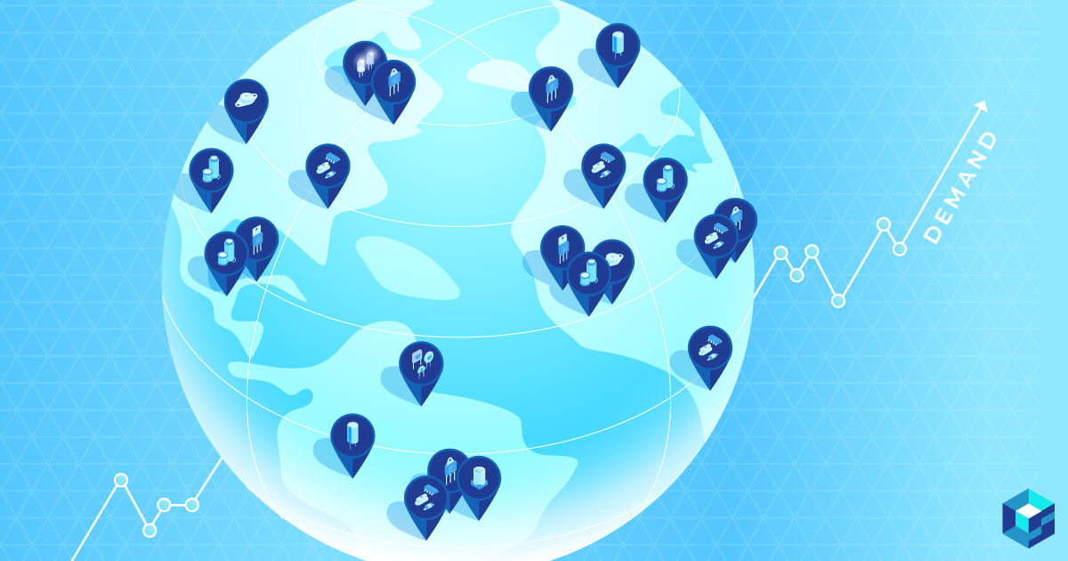 Graphic image of the globe with location markers for the electronic component supply chain. Learn about procurement options at Sourcengine. 