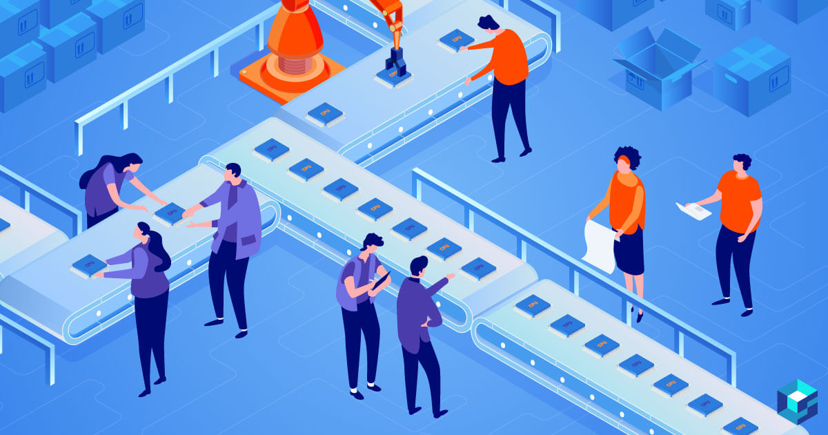 Graphic image of component assembly line; Sourcengine is tracking shortages right now and keeping track of the electronic component industry for you. 