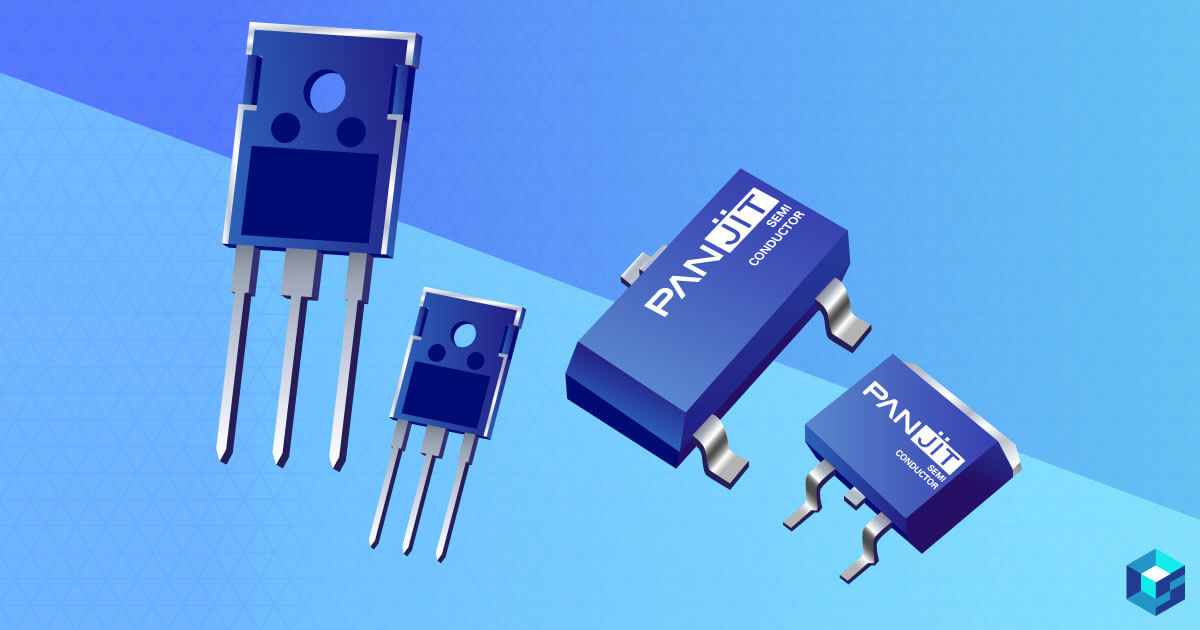 MOSFETs on a blue background. Learn more about MOSFETs and Panjit at Sourcengine.