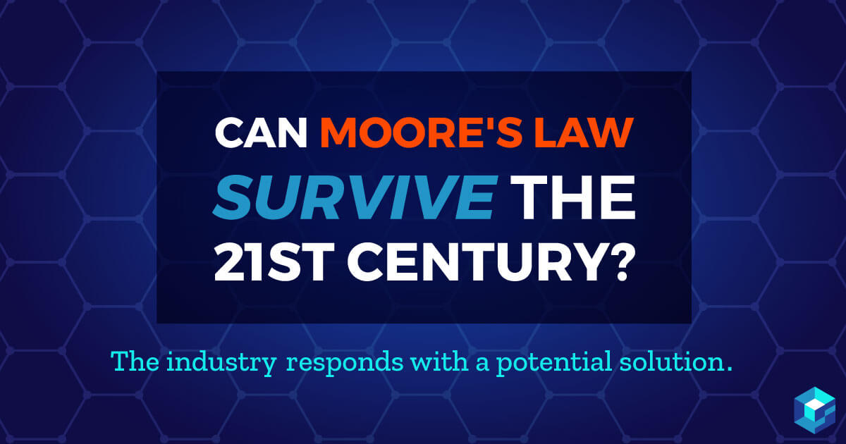 Image with Moore's Law and whether it will survive the 21st century printed on it. Moore's Law is still a center point for components development; learn more at Sourcengine.
