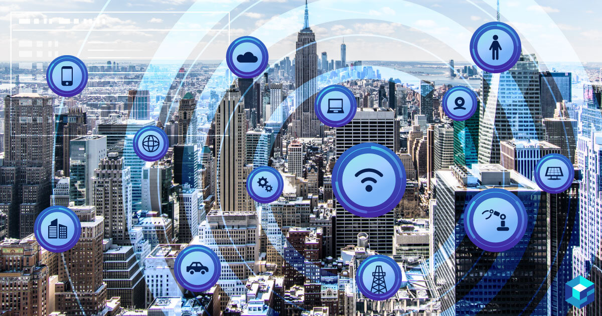 City landscape with icons depicting connectivity all over it. Learn about sensors and their pricing as well as availabilities at Sourcengine. 