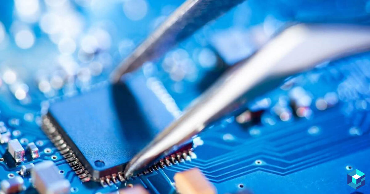 A microchip being placed onto a prefabricated circuit board with forceps. IoT is at the forefront of the industry right now, and Sourcengine can help you with your procurement needs. 