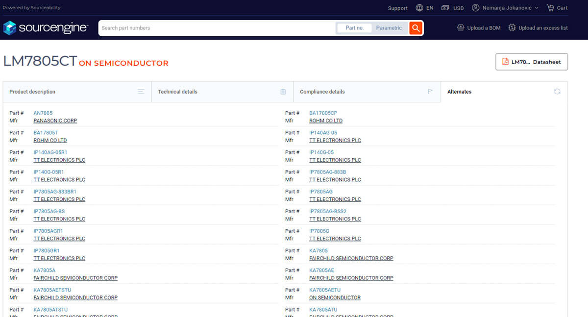 Sourcengine's product detail page lists alternates
