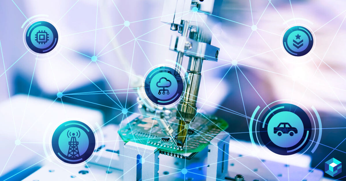 Prefabricated circuit board with icons for energy, connectivity and other things surrounding it. IoT development is at its height right now; learn how Sourcengine can help you find the parts for your latest builds.