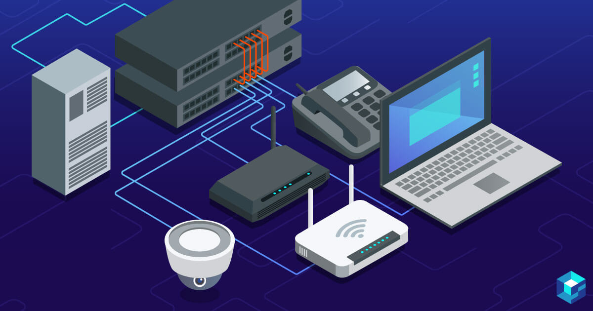 Simplified graphic image of a computer, router, and other peripherals all connected together. Sourcengine can help bring your supply chain procurement system together with its API integrations and other great tools.