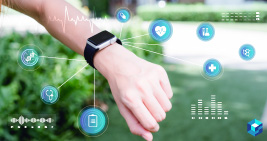 Smartwatch on a person's wrist with icons around it depicting heartbeat and other things the wearable can measure. Take a look at Sourcengine's components for wearables and get started on your NPI today. 