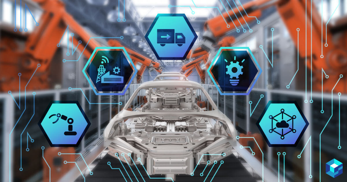 Industrial automation conveyor belt with icons of robotics, trucking and other things around it. Sourcengine carries component for the industrial automation sector. Take a look today.
