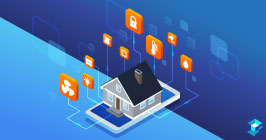 Image of a house surrounded by icons representing temperature, lighting, security, and other things. Learn more about IoT components at Sourcengine. 