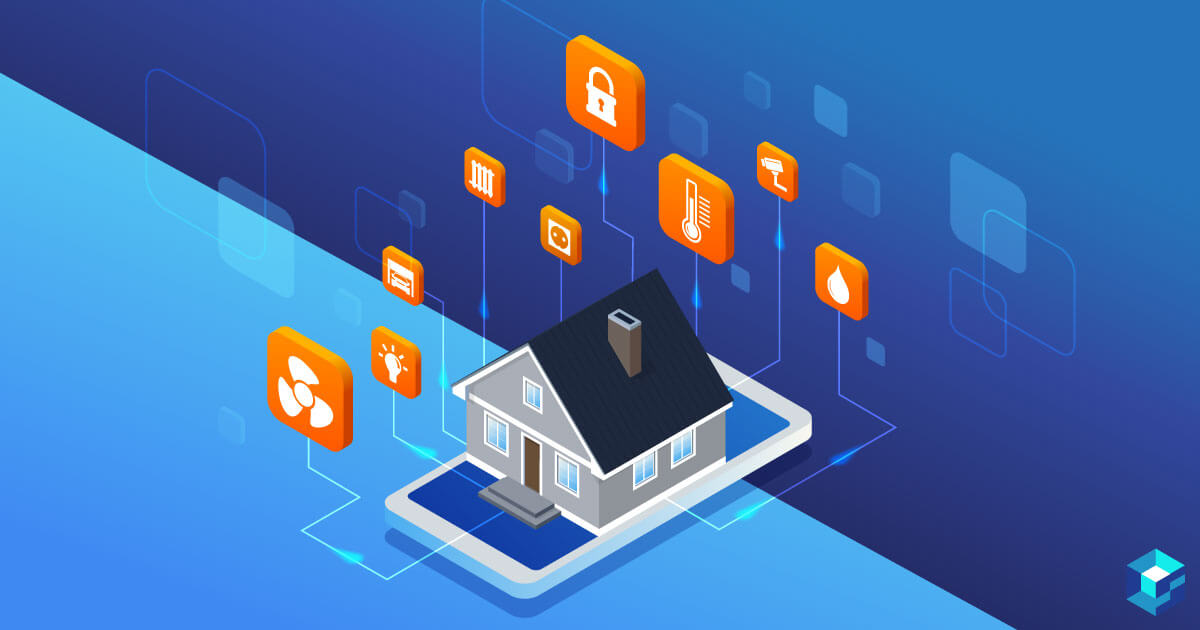 Image of a house surrounded by icons representing temperature, lighting, security, and other things. Learn more about IoT components at Sourcengine. 