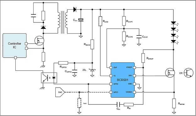 application circuit using the BCR601 driving constant current into a string of LEDs