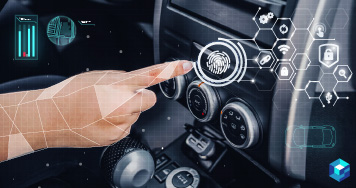 Hand pointing at automobile infotainment system; MIcrochip's tracking and gesture controller is perfect for modern automobile cockpit technology. 