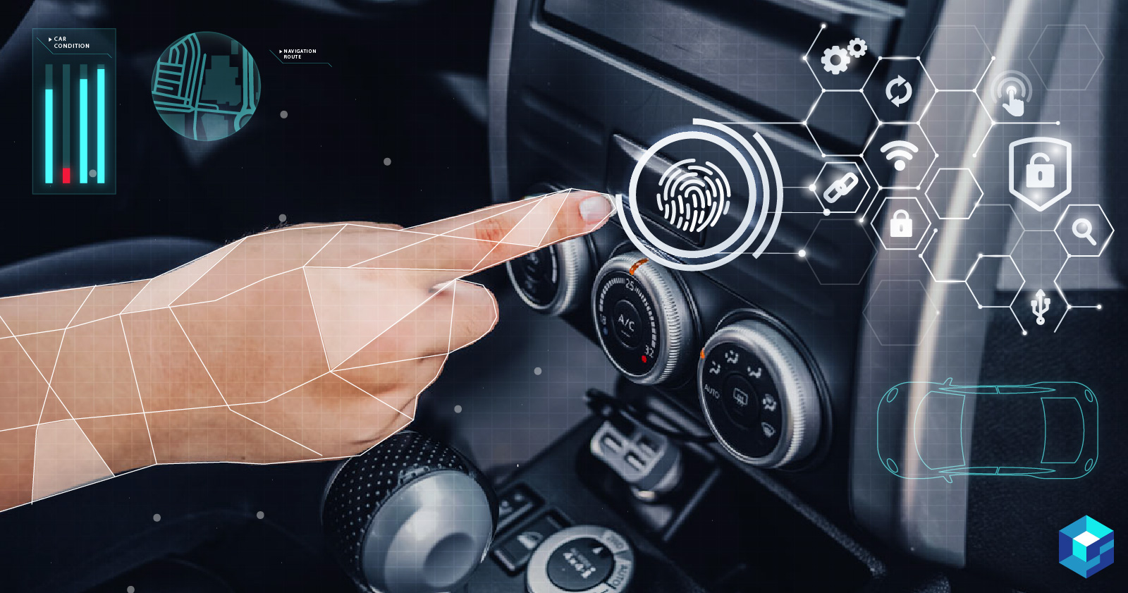 Hand pointing at automobile infotainment system; MIcrochip's tracking and gesture controller is perfect for modern automobile cockpit technology. 