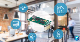 Graphic image of a microchip with an office in the background; find out how these IoT devices are changing the way we work at Sourcengine. 