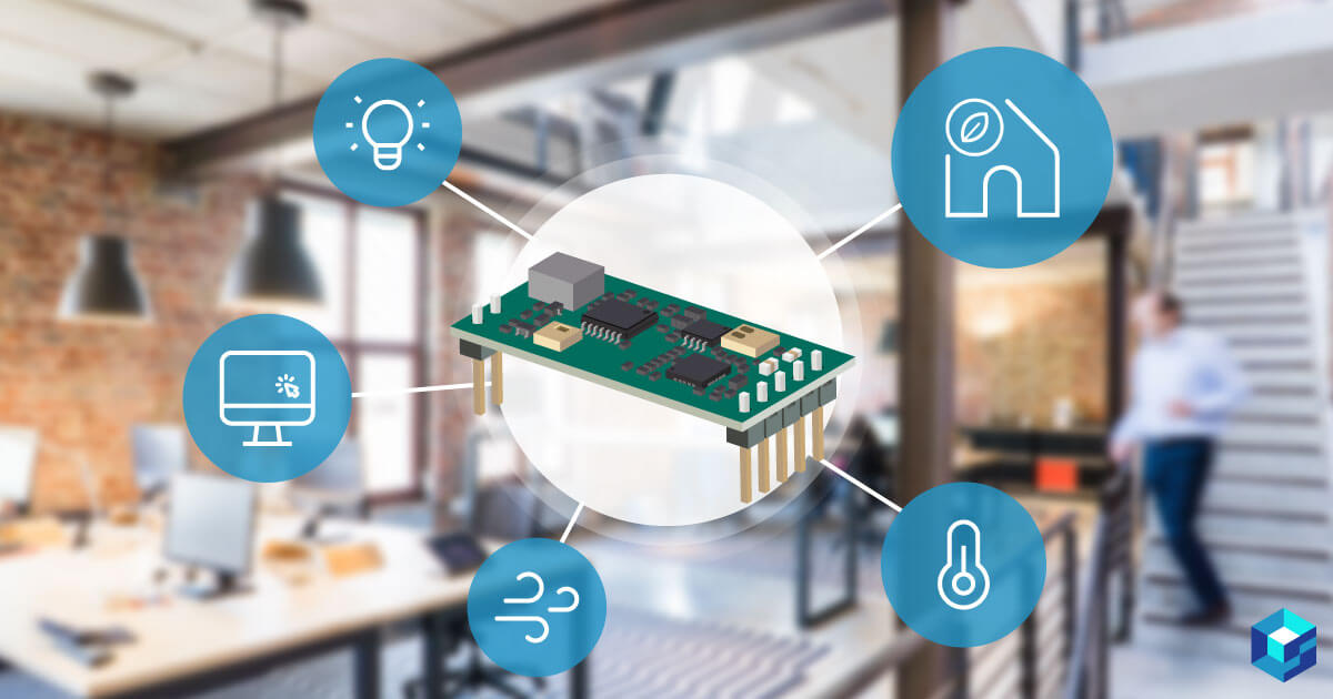 Graphic image of a microchip with an office in the background; find out how these IoT devices are changing the way we work at Sourcengine. 