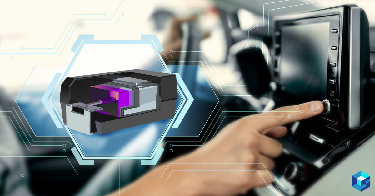 Image of Kemet capacitor superimposed against a person pushing button on car cockpit system. Learn more about this capacitor and others at Sourcengine, the largest e-commerce marketplace on the internet. 