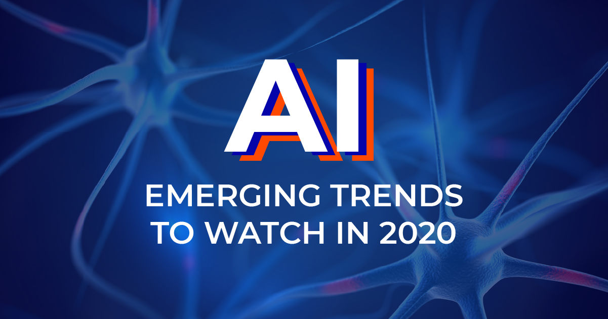 Graphic with AI, Emerging Artificial Intelligence Trends to Watch in 2020 printed on it; learn more about AI and other technology trends at Sourcengine.