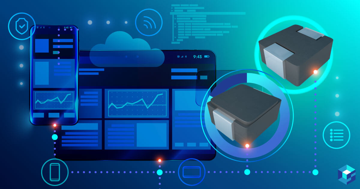 Graphic image of Vishay Low-Profile Power Inductor working with a smartphone. For this item and other electronic components, check out Sourcengine's e-commerce marketplace.