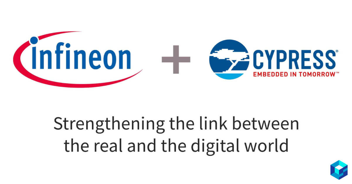 Graphic showing logos for both Cypress Semiconductor and Infineon. Read about Cypress' recent acquisition of Infineon at Sourcengine.