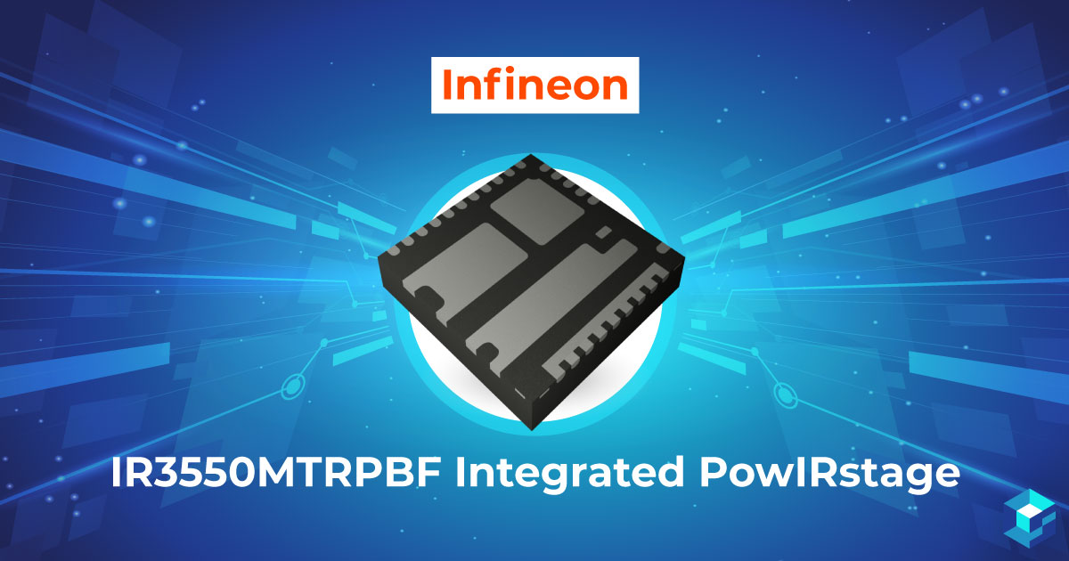 Infineon IR3550MTRPBF Integrated PowIRstage chip image with wording underneath; learn more about this semiconductor component at Sourcengine.