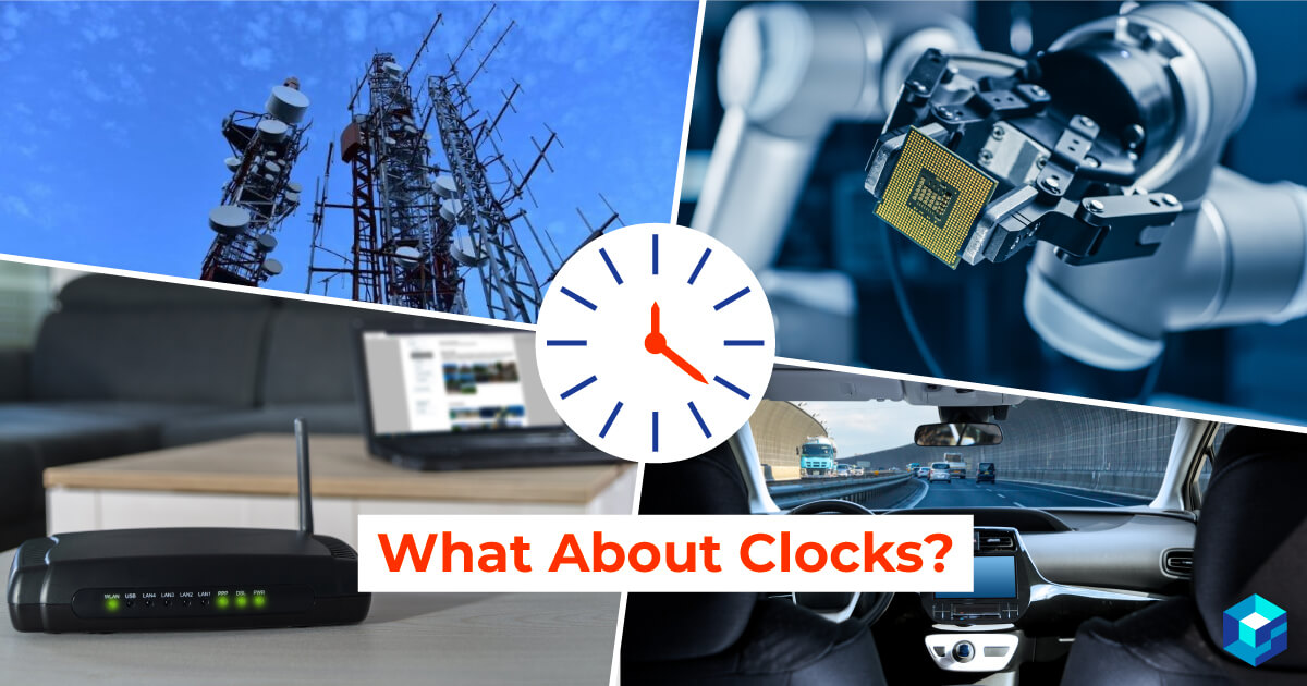 Clock superimposed on images of robotic arm, smartphone signal tower, and more. 5G applications and specifically clock applications will be a big draw in 2020; learn more here at Sourcengine.