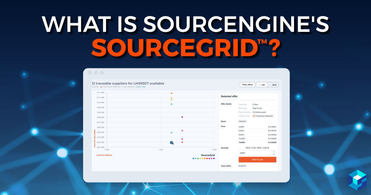 Image with Sourcengine's Source Grid displayed. Use this tool for electronic component buying. 