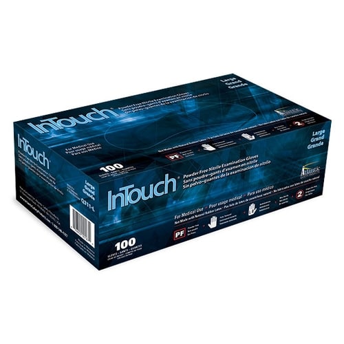 Box of powder free nitrile gloves. For these and other disposable gloves used as personal protective equipment in the electronic components industry, shop at Sourcengine. 