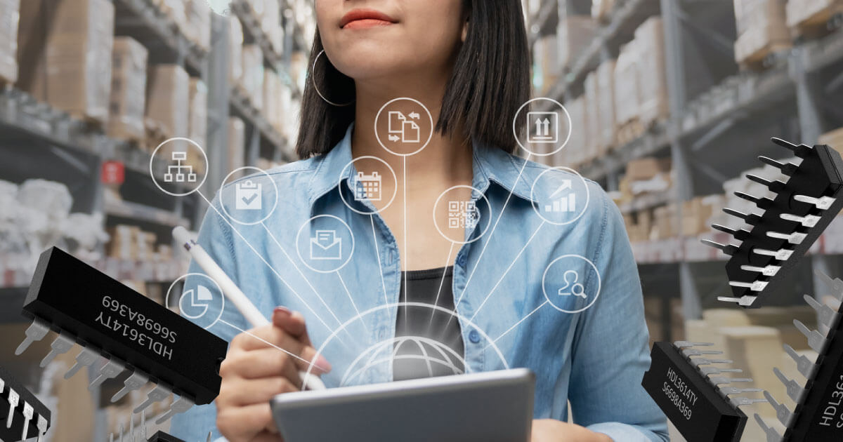 Supply chain professional walking the aisles of a storage facility with ipad in hand as she takes stock; using technology platforms is the future of procurement. Learn how Sourcengine can help you with your own process.