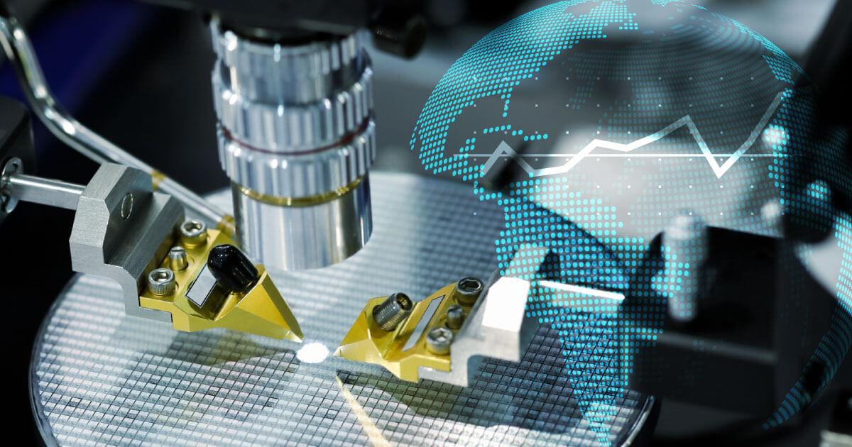 Component under a scope for inspection, image of the world globe behind it; electronic component availability is a problem in the new normal, find out how Sourcengine's e-commerce marketplace can help.