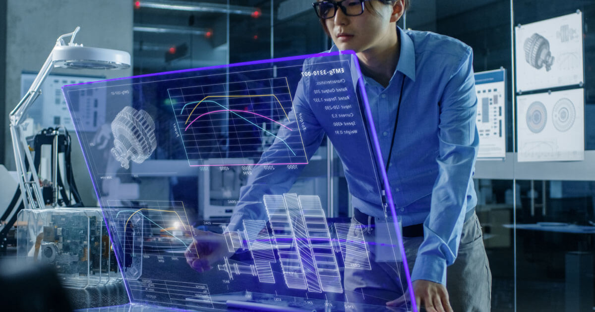 A component industry leader over-seeing a high tech board display of availabilities and pricing on electronic components; find out more at Sourcengine.