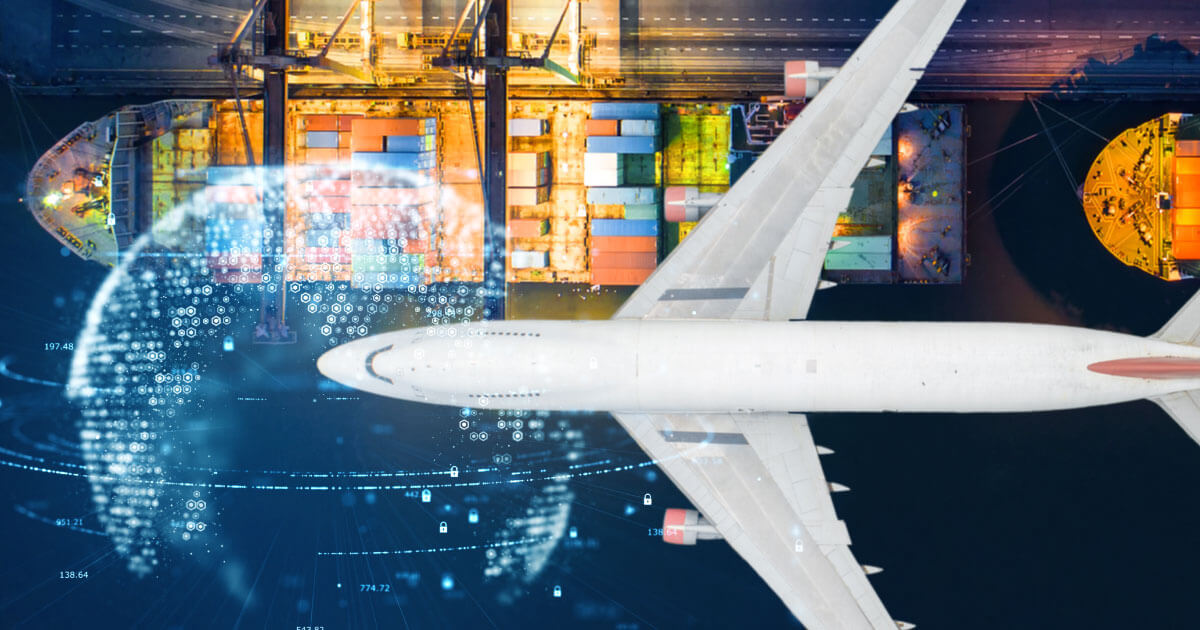 Picture of airplane and cargo liner traveling across globe, meant to depict various supply channels. What will happen as companies reshore in the electronic components industry? Find out at Sourcengine. 