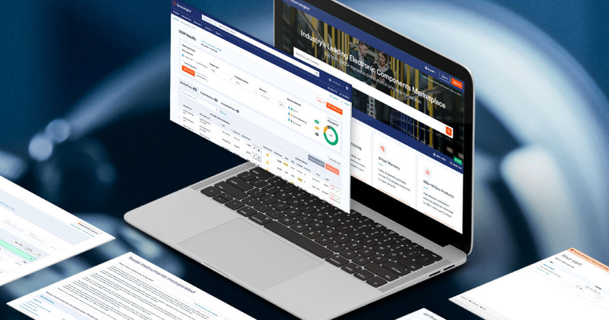 A laptop displaying Sourcengine's homepage. Log in to navigate Sourcengine's dashboard and learn more about its procurement tools for sourcing specialists in the electronic components industry.