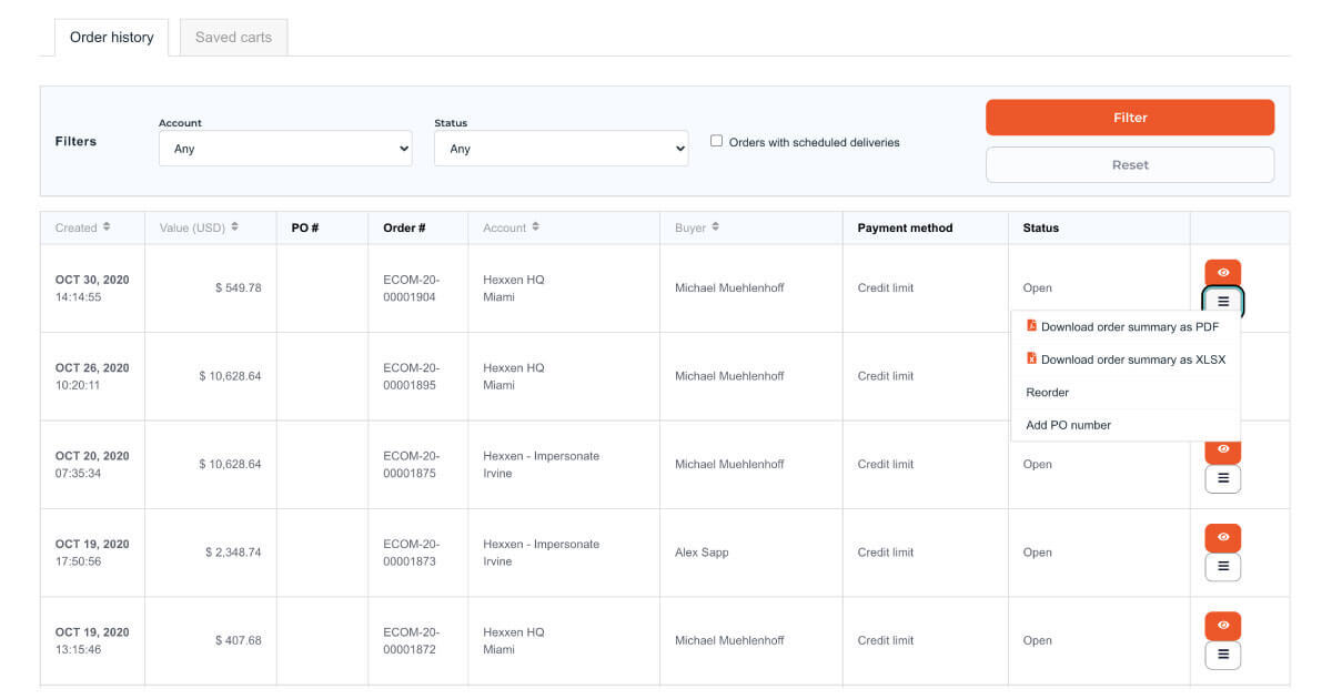 Sourcengine's dashboard order history panel