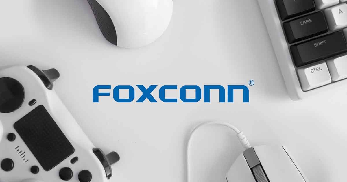 Foxconn logo set against game controllers and more devices; for latest information on Foxconn see Sourcengine. 