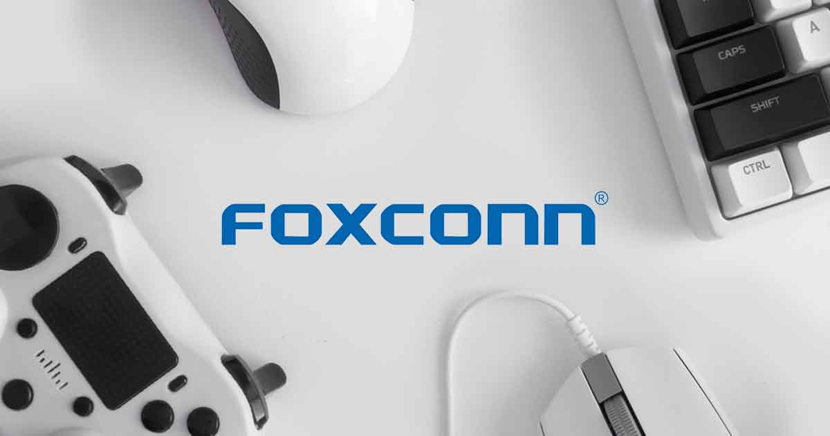 Foxconn logo set against game controllers and more devices; for latest information on Foxconn see Sourcengine.