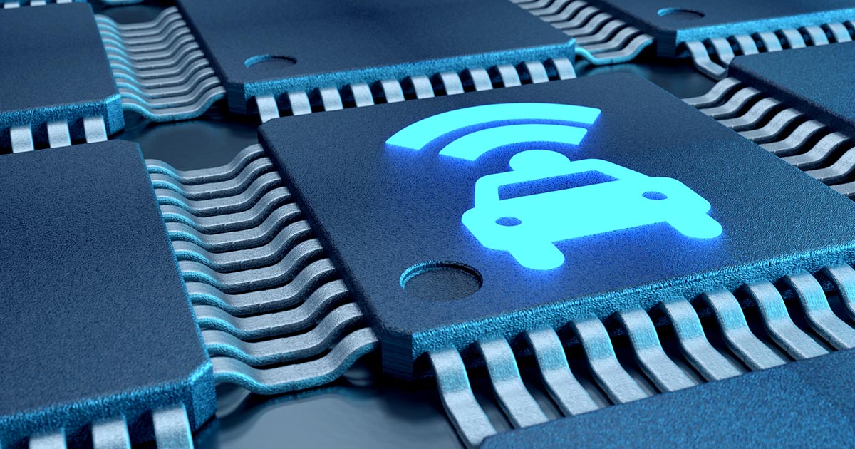 Microchip with a car icon superimposed on it; Renesas has increased production on automotive chips to help alleviate the global component shortage.