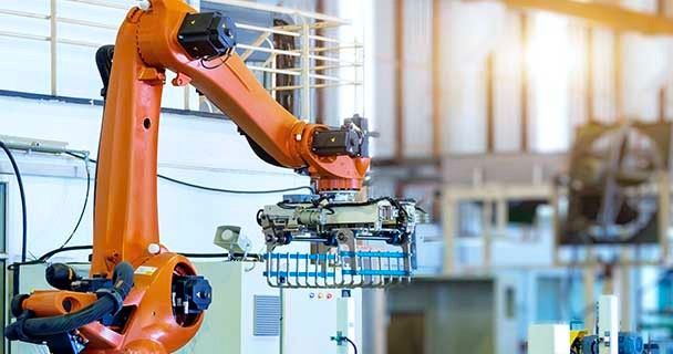 An industrial gripper robot in an automated factory; Sourcengine provides a three-year warranty for all electronic components purchase through its marketplace. 