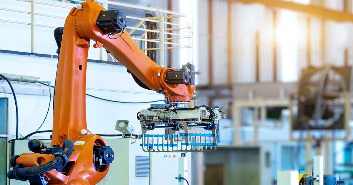 An industrial gripper robot in an automated factory; Sourcengine provides a three-year warranty for all electronic components purchase through its marketplace. 