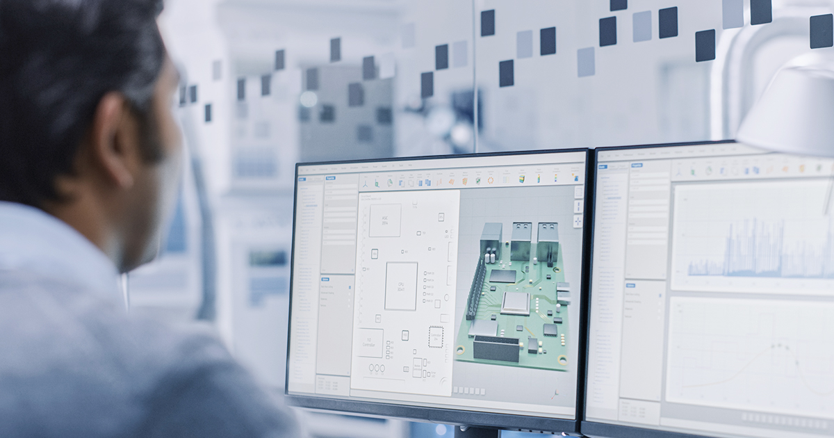 An engineer uses computer-aided design (CAD) software to create a device featuring a PCB, various microelectronics, and two USB ports | Sourcengine