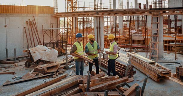 Three construction workers stand in the middle of a large construction site filled with stacks of lumbar, rebar, and AC plywood. 